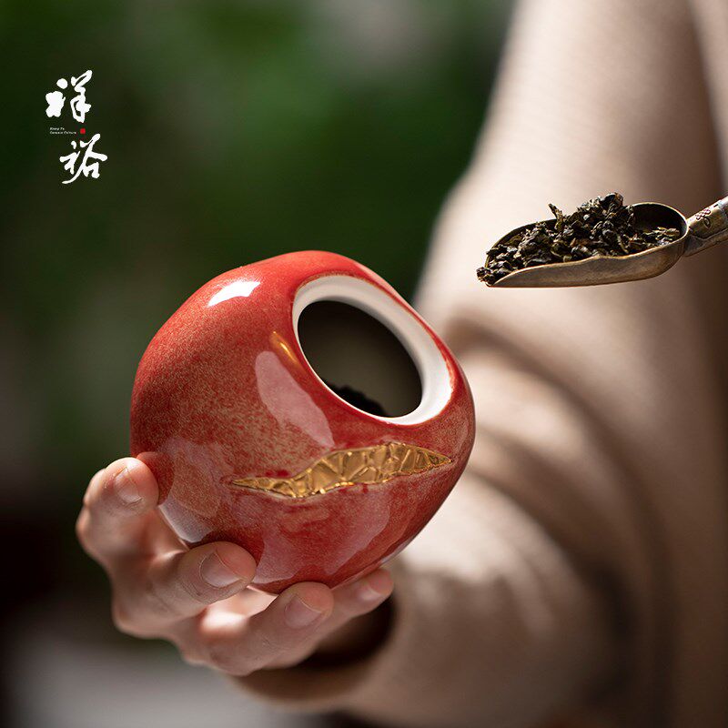 祥裕石榴陶瓷茶叶罐高档密封罐中式多籽多福家居摆件花茶存储罐