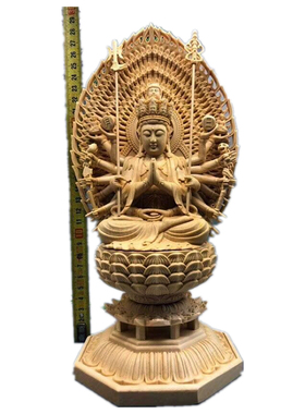 千手千眼观音佛像实木雕刻莲花底座原木摆件家居玄关装饰桧木雕刻