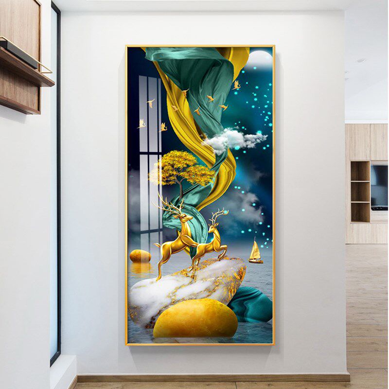 九鱼图入户正对门走廊玄关装饰画麋鹿葫芦生财聚财挂画背景墙壁画