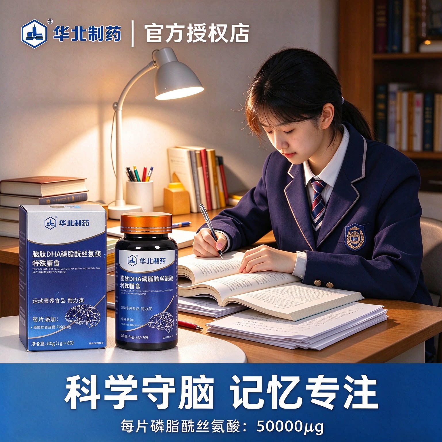 华北制药 脑肽DHA磷脂酰丝氨酸神经酸藻油核桃粉备考学习营养补充