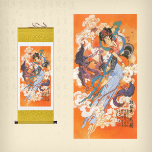 华三川百美图挂画伎乐图拍鼓舞龙图卷轴画敦煌仕女客厅装饰丝绸画