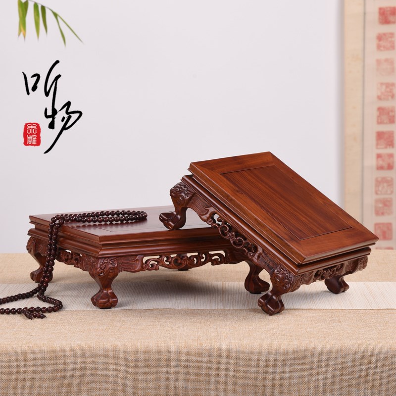实木非洲黑檀长方新虎脚罗汉松盆景紫砂茶壶铜器葫芦摆件加高木托
