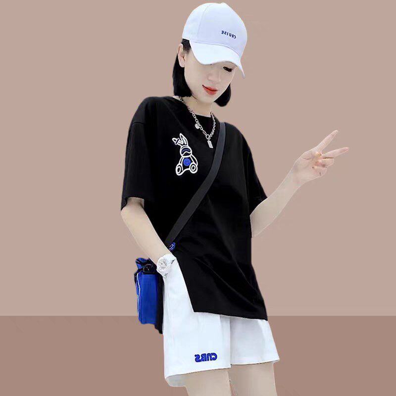 227560【卡通小兔子中长款开叉T恤女】夏季短袖上衣百搭宽松休闲