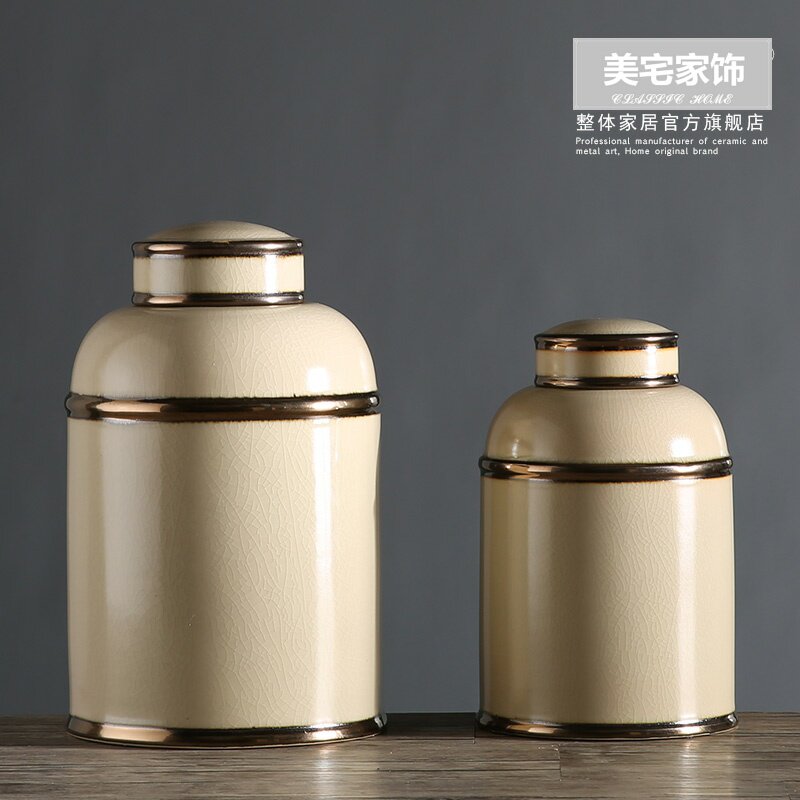 新中式陶瓷装饰罐摆件 玄关客厅电视柜白色金边储物罐 直身圆盖罐