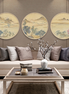 新中式实木圆形水墨山水花鸟国画玄关装饰画客厅背景挂画餐厅壁画