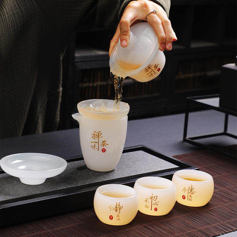 高端白色大理石釉面功夫茶具为家庭办公室盖碗茶杯礼盒雕刻可定