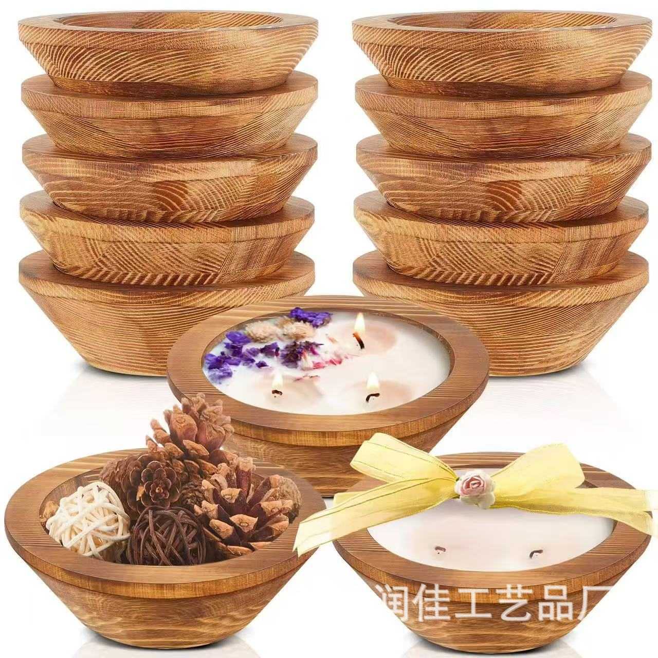 现货木制面团碗餐厅装饰灯芯蜡烛展示盘实木圆形香薰蜡烛台收纳碗图片