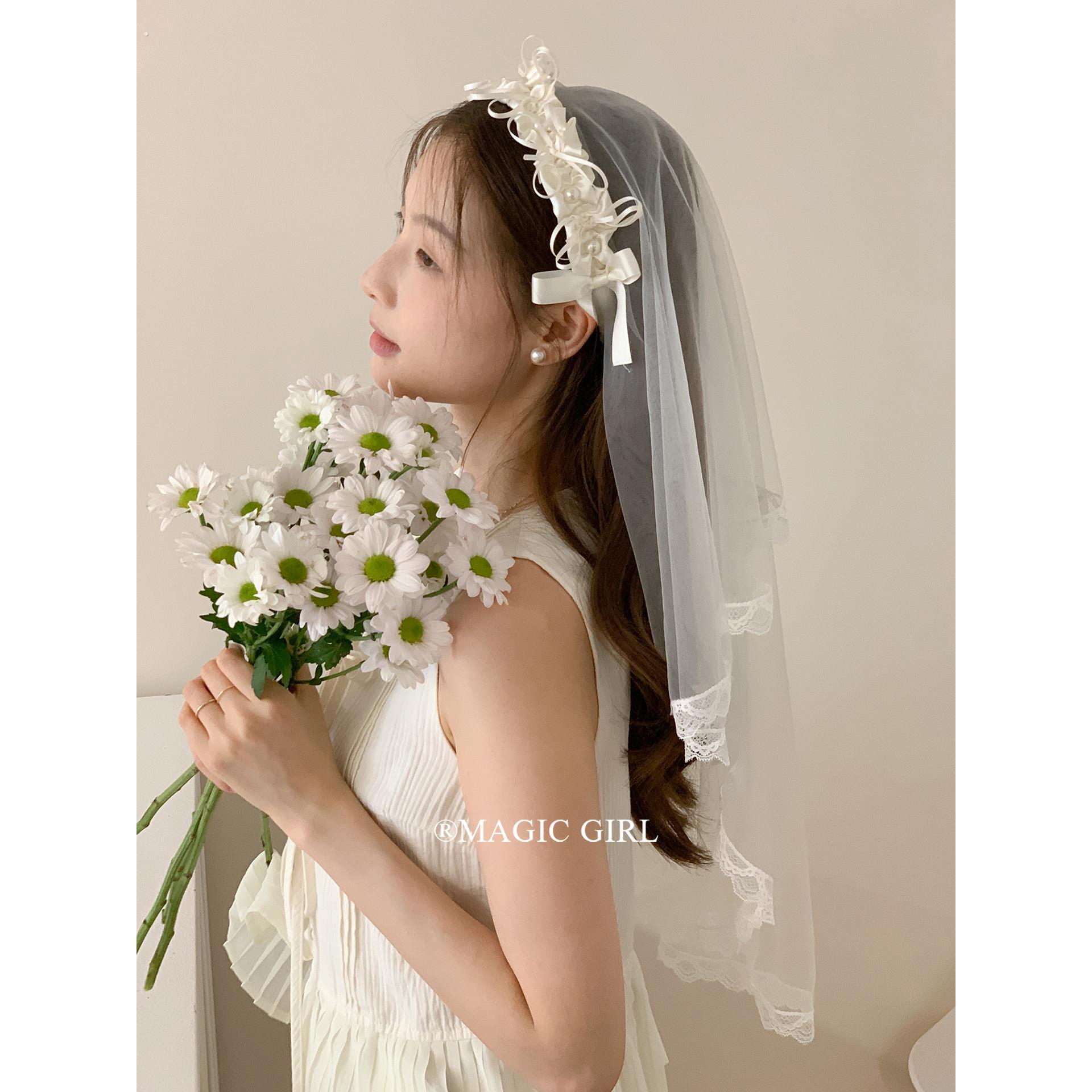 超仙精致珍珠蝴蝶结丝带头纱发箍女生日领证求婚头箍配饰唯美发饰