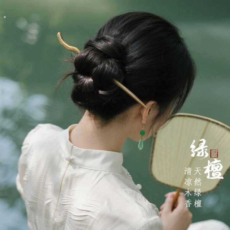 绿檀发簪新中式古风加长款木质盘发簪子檀木高级感女现代简约木簪