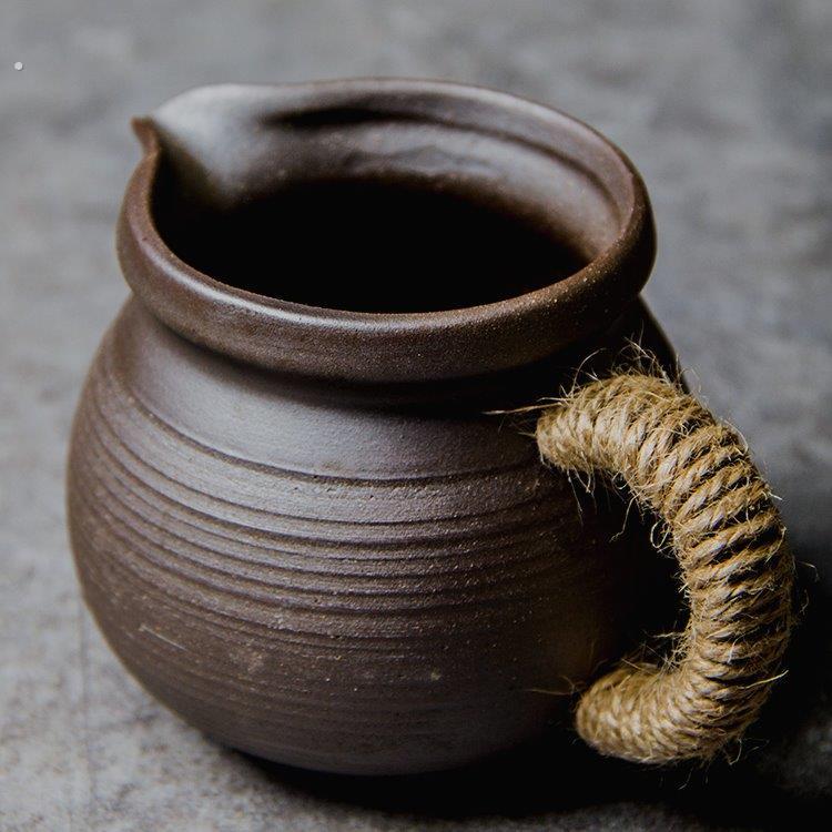 复古粗陶公道杯土陶煮茶均杯日式带把分茶器柴烧家用大号可加热