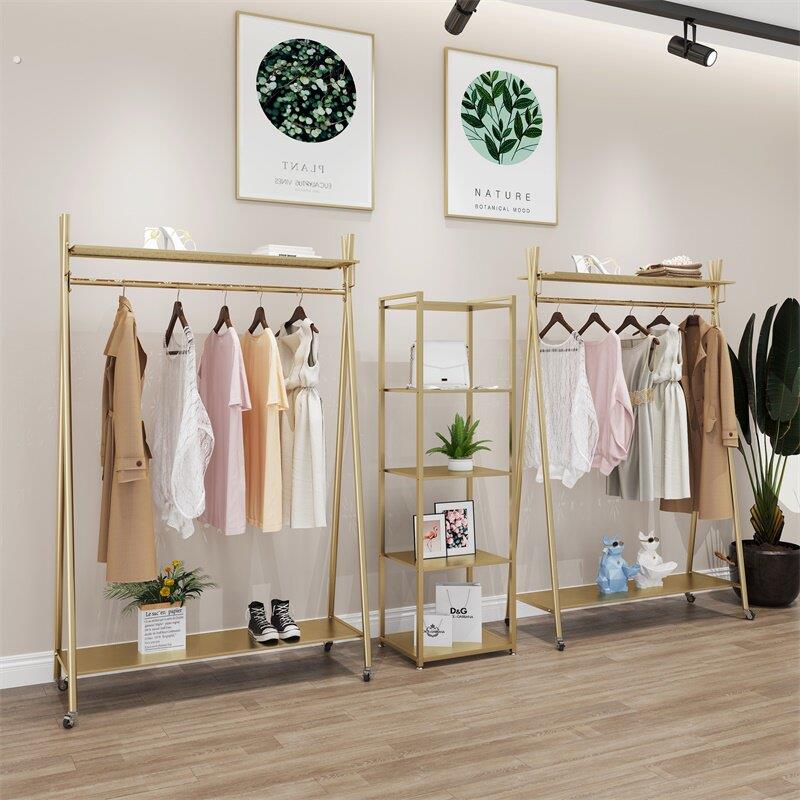 双层落地式服装店展示架组合挂衣架子挂衣杆男女装货架移动带轮子