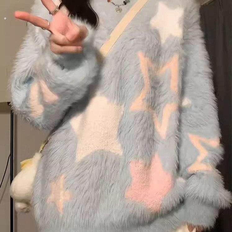星星软糯慵懒风蓝色毛衣女秋冬水绍毛套头圆领加厚上衣宽松显瘦