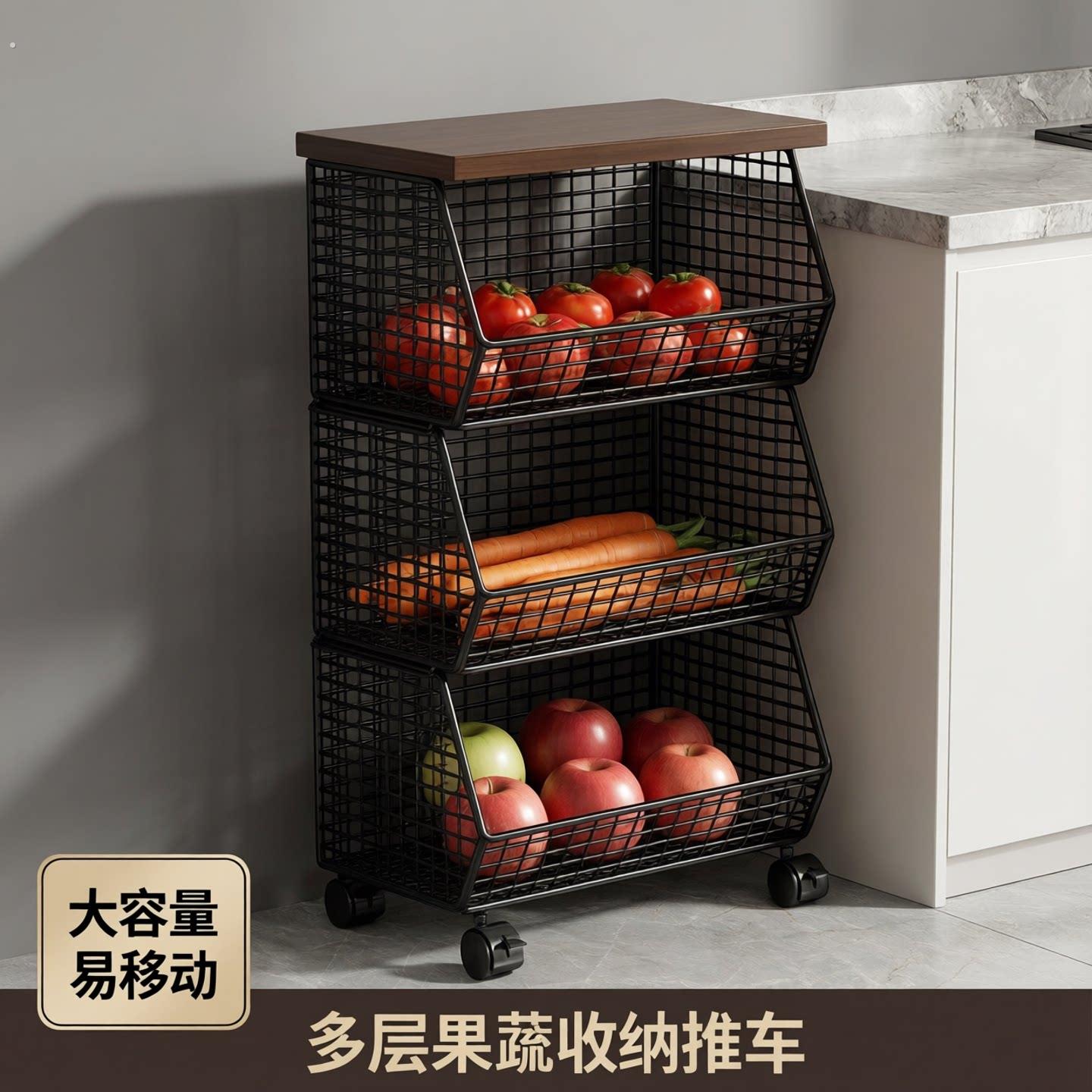 厨房置物架碳钢多层果蔬收纳推车厨房台面置物架带轮可移动置物架