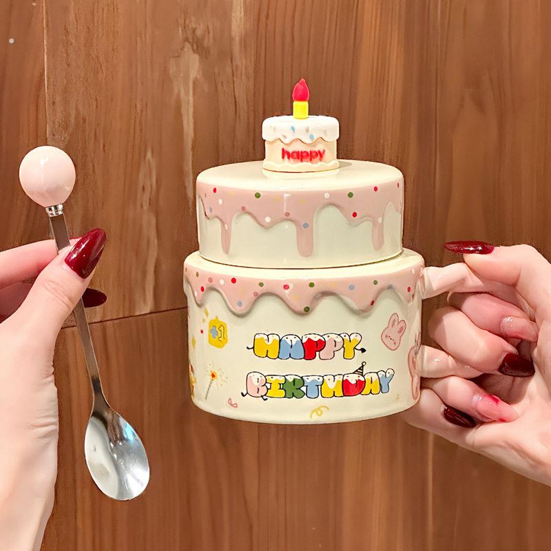 可爱小兔蛋糕马克杯情侣高颜值陶瓷杯子带盖子勺送女生生日礼物礼