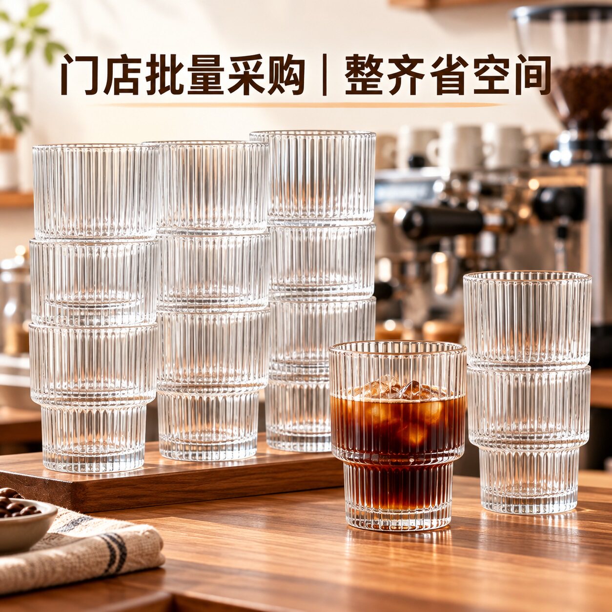 商用可叠竖纹玻璃杯加厚民宿咖啡馆冷饮杯餐厅可堆叠酒杯批发