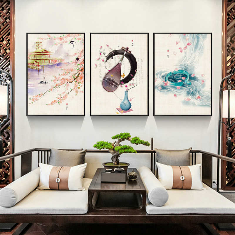 新中式客厅装饰画民宿墙面竖版挂画中国风餐厅沙发背景墙三联壁画