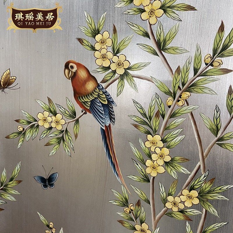 法式奢华手绘花鸟装饰画欧式金银箔别墅挂画客厅壁画沙发背景画