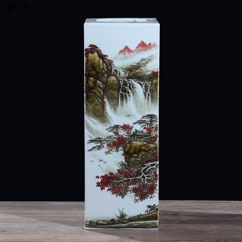 景德镇吴国军大师手绘粉彩山水画陶瓷四方花瓶仿古文房用品装饰摆