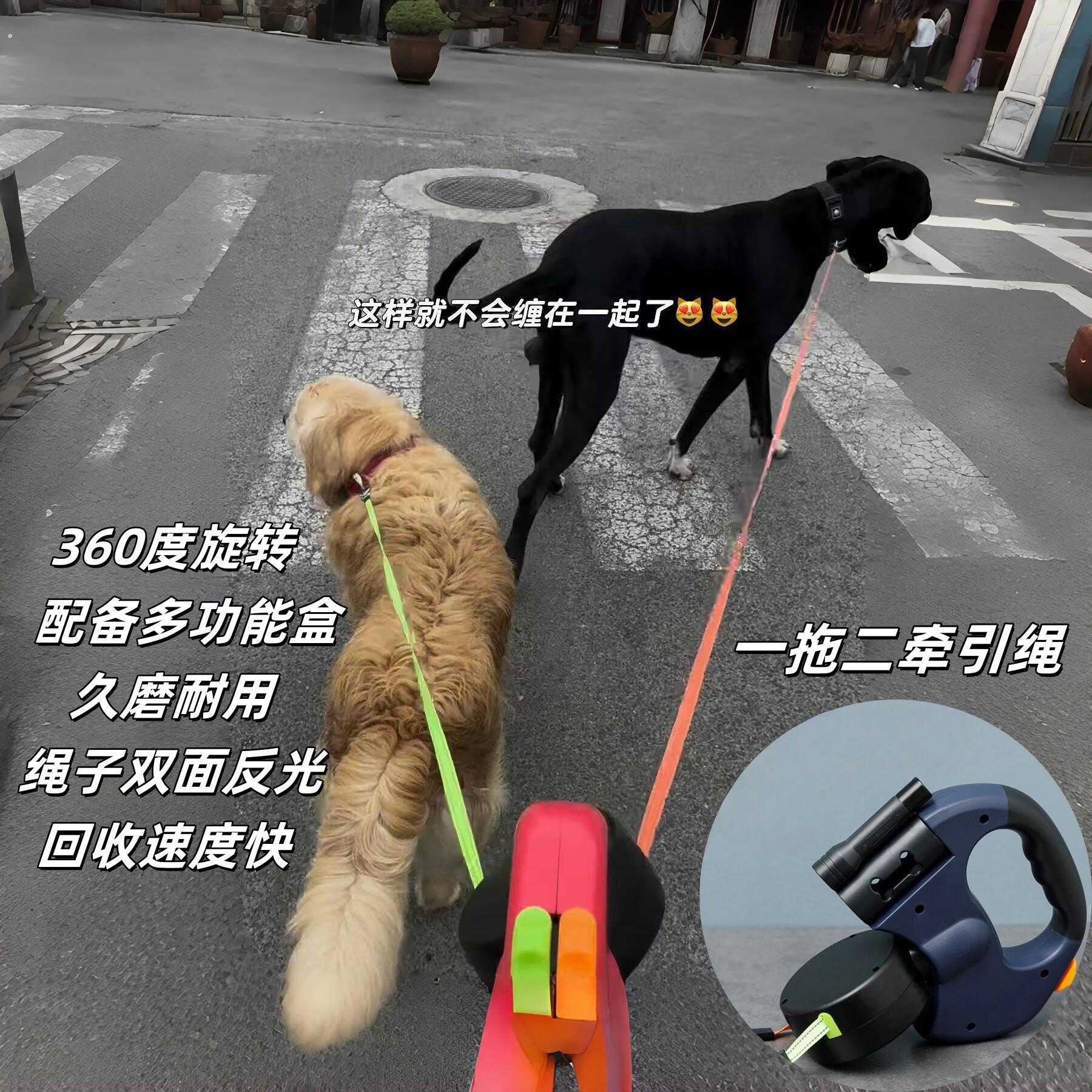双头牵引绳一拖二狗狗牵引绳中小型犬二合一双头可自动伸缩溜狗绳图片
