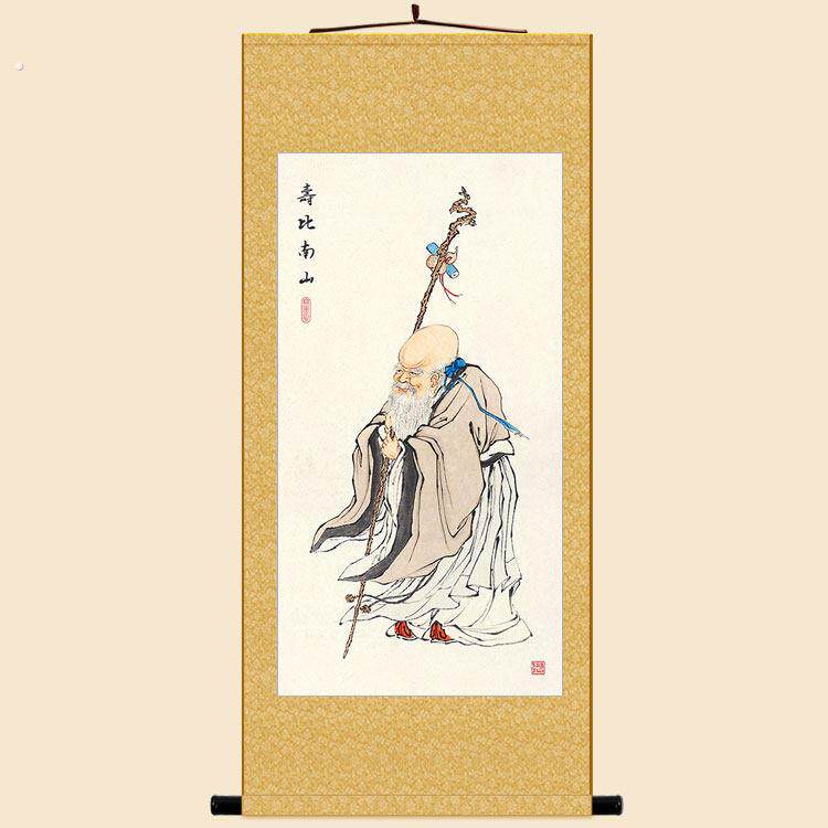 寿比南山图 寿星画像挂画 南极老人仙翁丝绸画 绢布卷轴画装饰画
