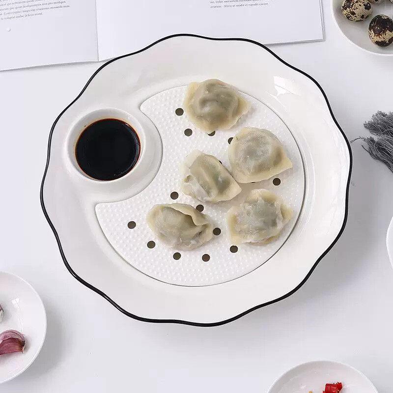 陶瓷饺子盘沥水双层盘带醋碟创意餐具大号碟子家用圆形水饺盘子