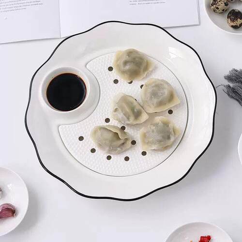 陶瓷饺子盘沥水双层盘带醋碟创意餐具大号碟子家用圆形水饺盘子