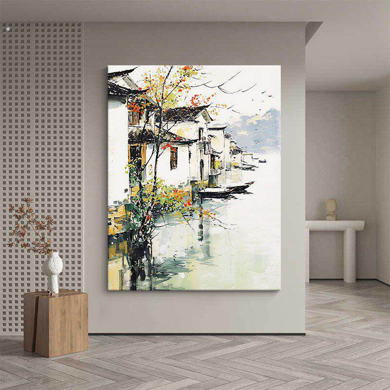 江南水乡山水风景客厅背景墙装饰画 画水墨画 画纯手绘油画 画玄