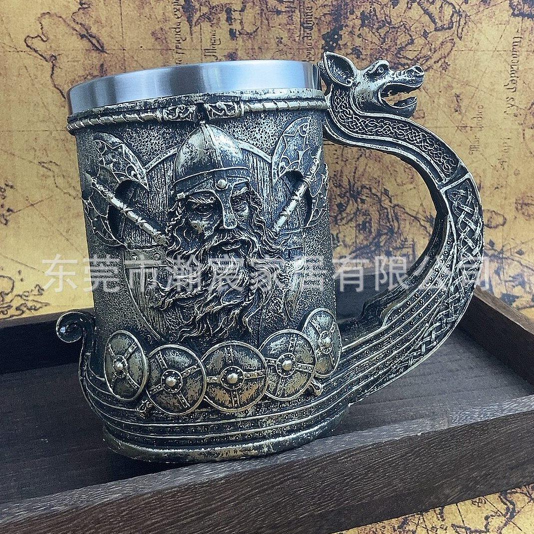 甄选跨境欧美维京酒杯龙头海盗船不锈钢杯子复古风啤酒杯奥丁斧头