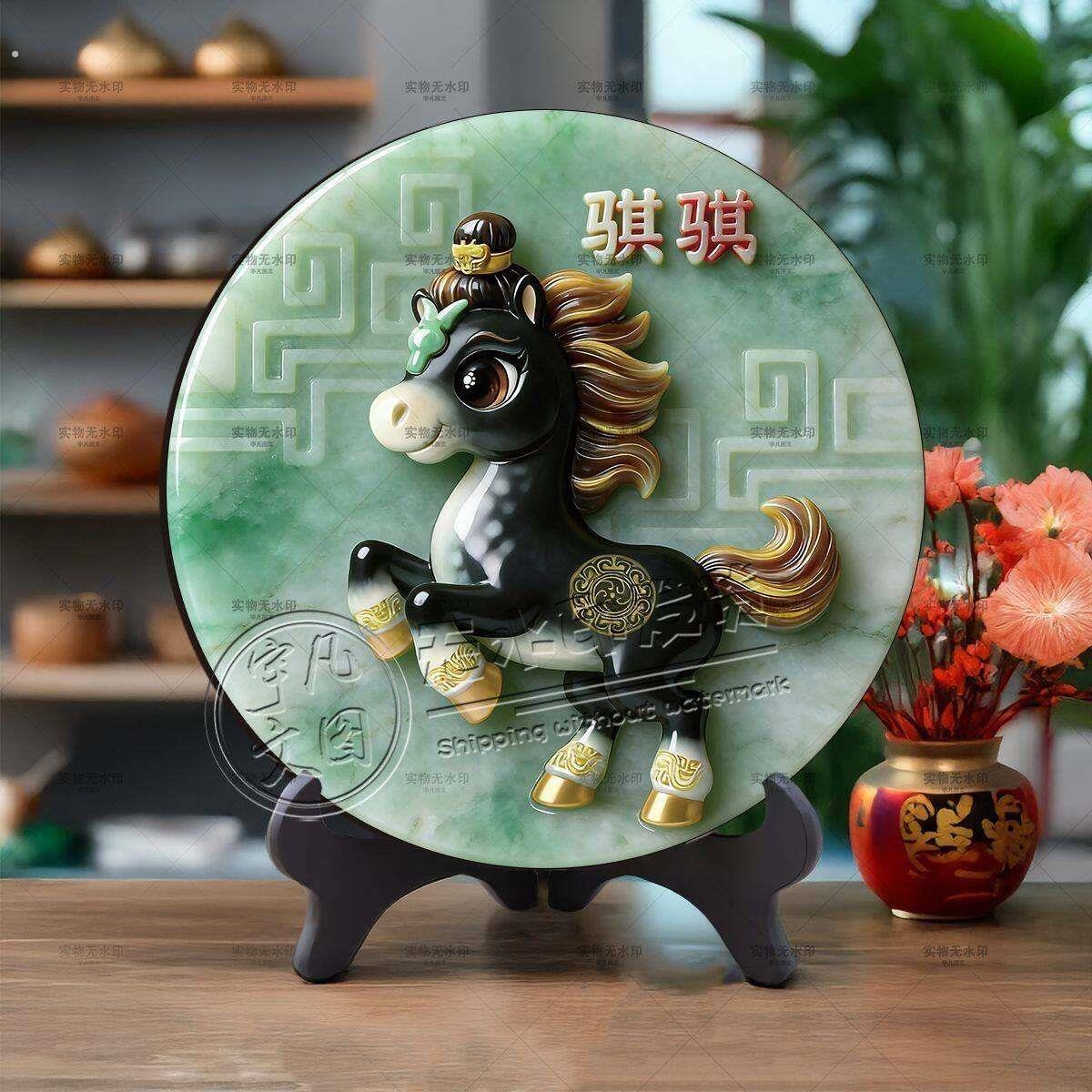 骐骥驰骋摆件2026马年春晚吉祥物玄关客厅卧室酒柜木质圆盘摆件