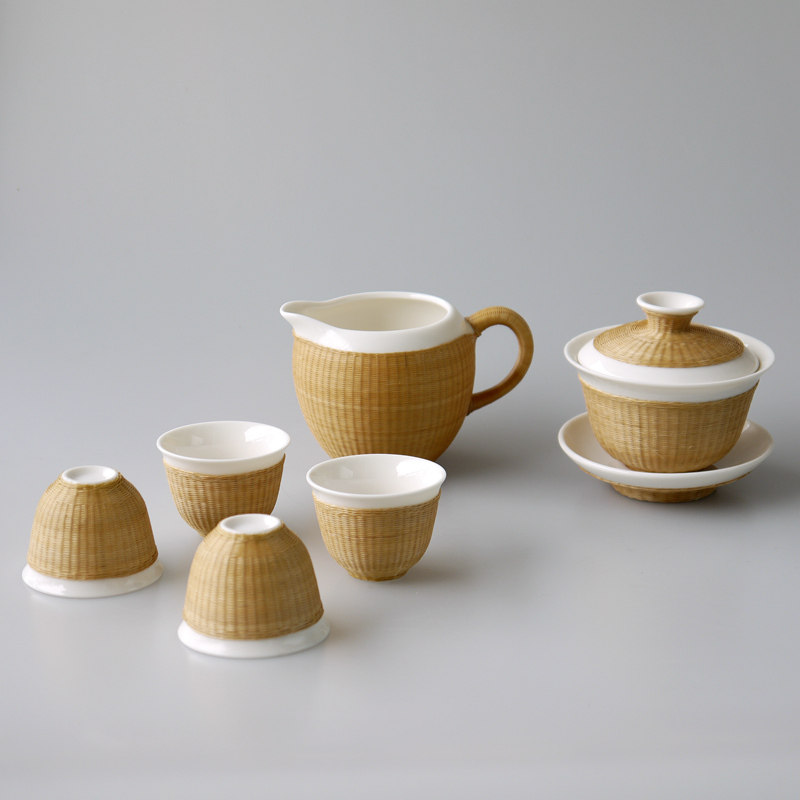 竹丝扣瓷茶具盖碗茶杯手工非遗功夫茶具四川竹编茶具套装出国送礼