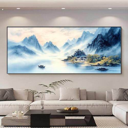 紫气东来靠山图新中式客厅大白墙装饰画办公室背景墙挂画横版国画