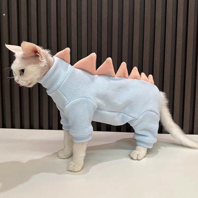 新款宠物四脚衣颗粒绒护肚子小恐龙无毛猫衣服斯芬克斯猫德文衣服