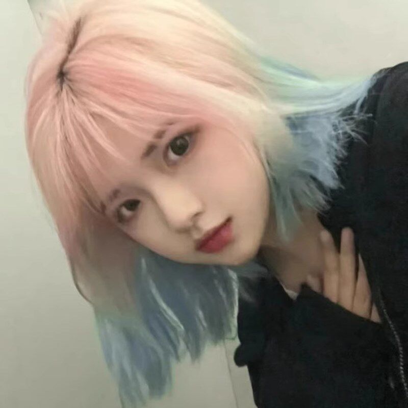 粉蓝色渐变假发全头套女一刀切亚文化lolita彩色y2k中长锁骨直发