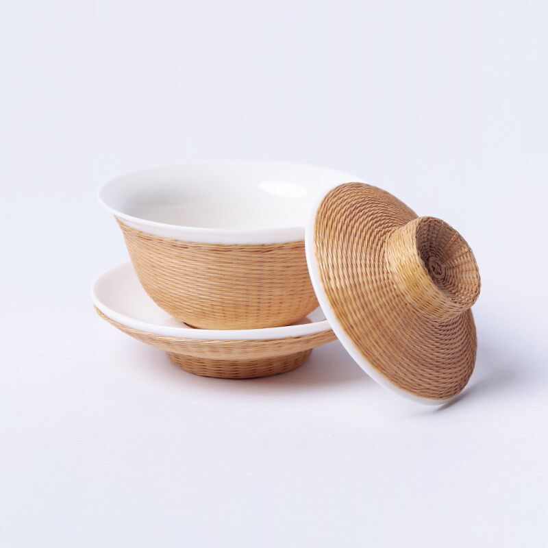 刘氏竹编竹丝扣瓷胎盖碗功夫茶具套装非遗纯手工茶杯包邮高端礼品