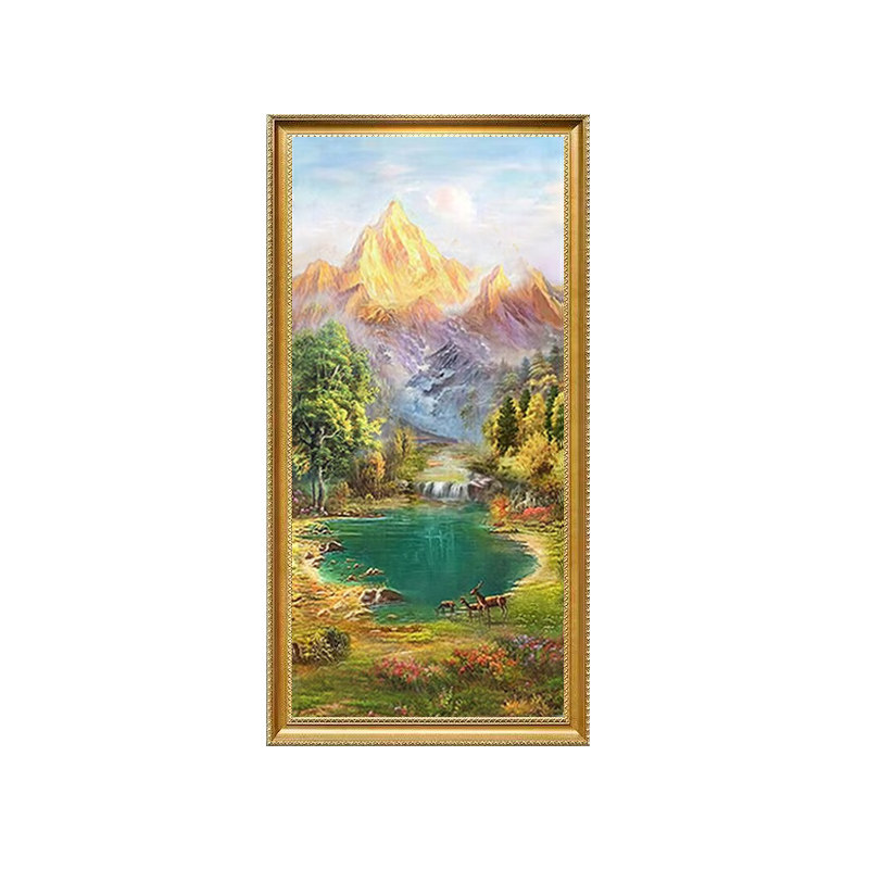 欧式手绘山水油画竖版玄关装饰画美式客厅走廊过道风景金山聚宝盆