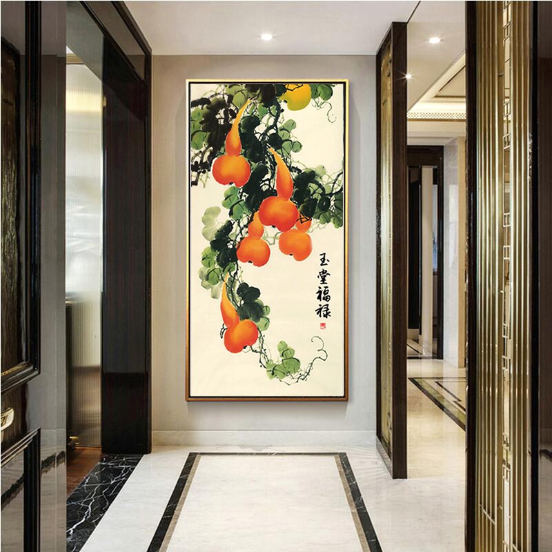 五福临门新中式进门玄关装饰画竖版走廊尽头过道挂画客厅壁画餐厅
