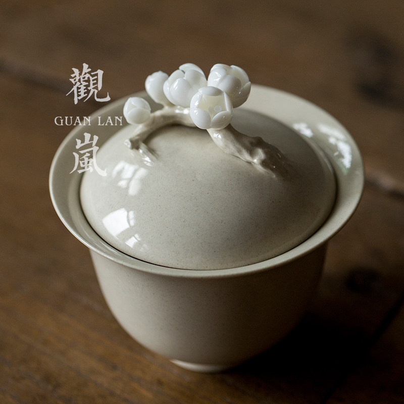 草木灰釉纯手工盖碗防烫冲茶器单个泡茶碗茶杯创意手捏梅花敬茶碗
