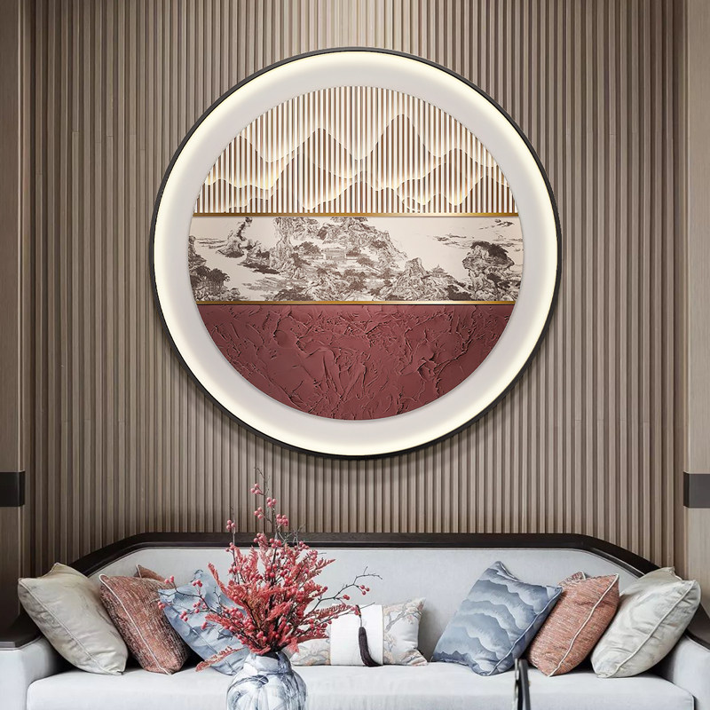 新中式圆形玄关走廊过道装饰画风景浮雕灯光画客厅沙发背景墙壁画