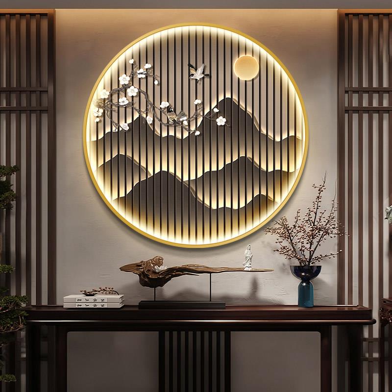 新中式玄关装饰画中国风花鸟灯画挂画禅意茶室背景墙圆形壁画LED