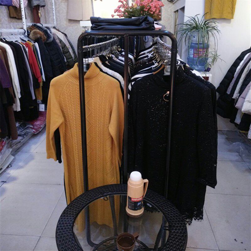 服装店双杠中岛架铁艺落地双排服装展示架侧挂男女货架双面挂衣服