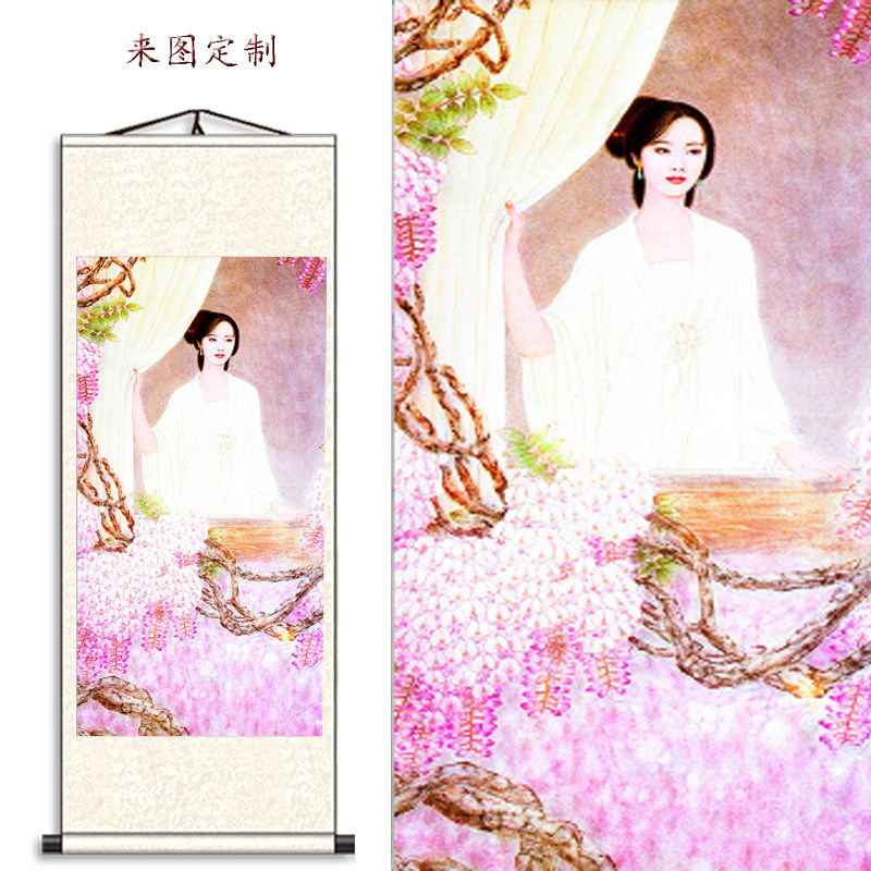 国画客厅字画人物工笔仕女图装饰画古代古典美人玄关竖版卷轴挂画