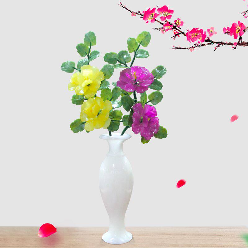 玉石雕刻牡丹花客厅家居饰品玉花瓶插花玉花工艺品创意新中式摆件