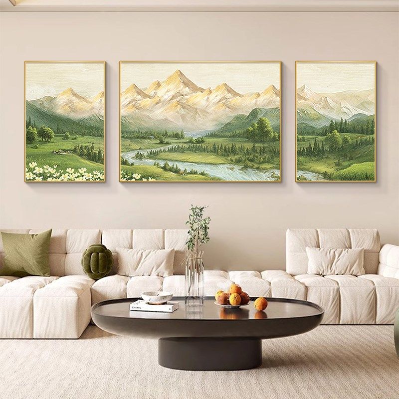 日照金山客厅装饰画2026新款沙发背景墙挂画山水手绘油画三联壁画
