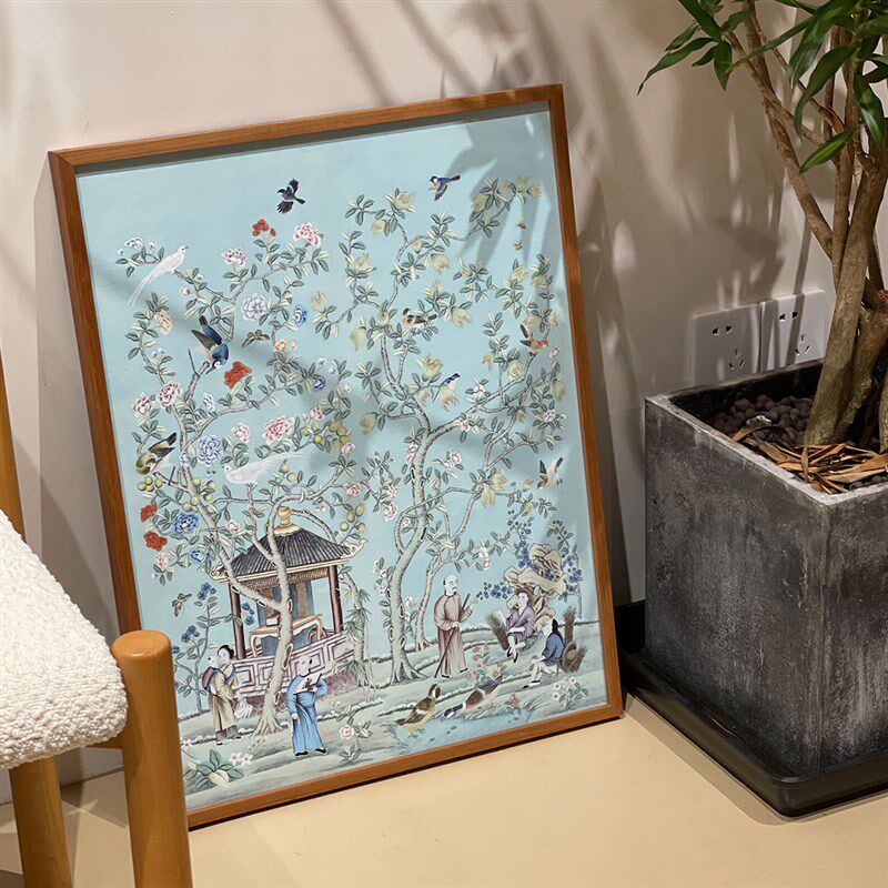 【小茶园】新中式西洋复古风景画餐厅客厅玄关装饰画实木榫卯挂画