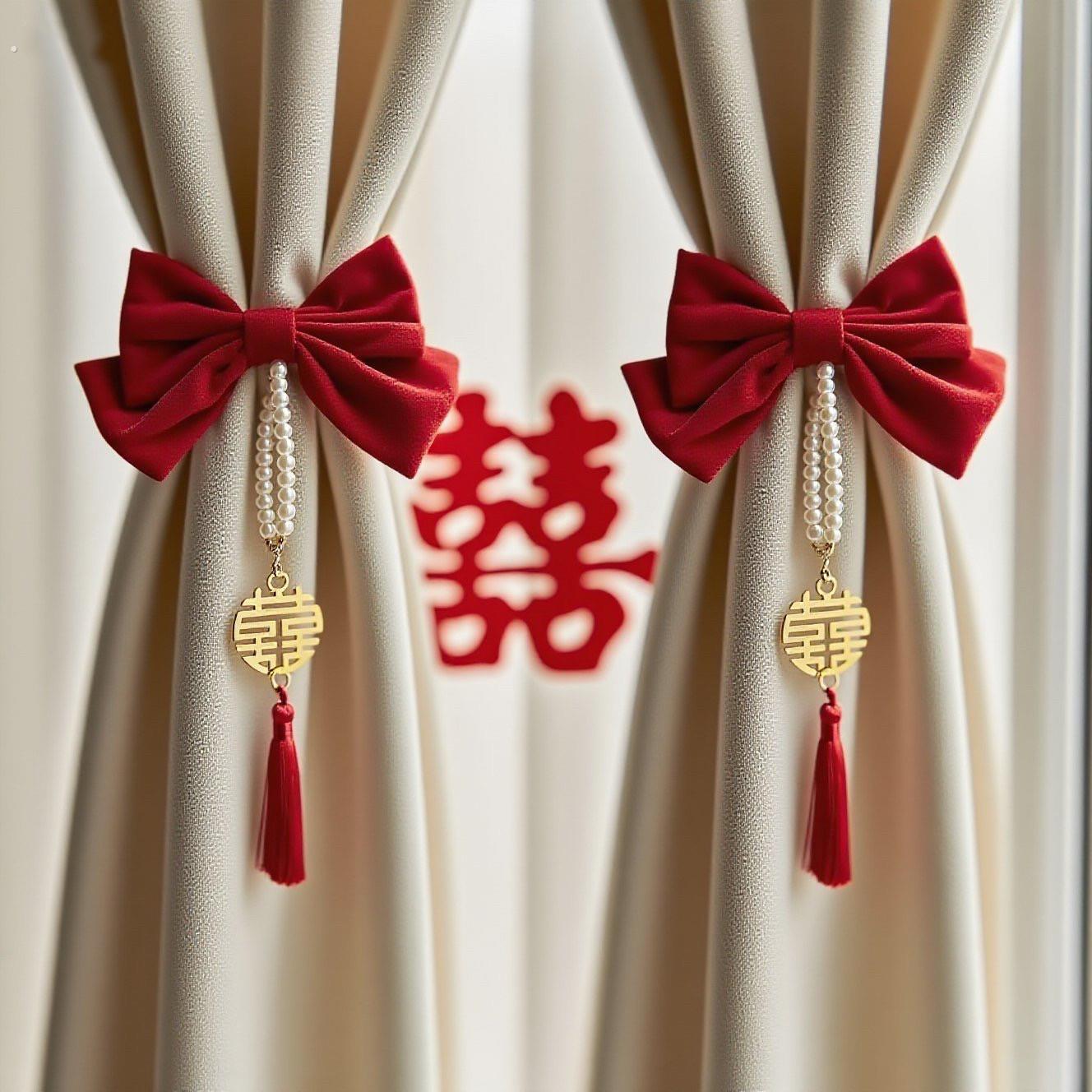 结婚窗帘绑带一对婚房布置装饰高级客厅卧室红色蝴蝶结新婚套装