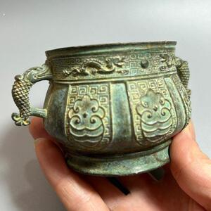 古玩杂项仿古夏商周人面兽鼎双耳兽杯古代青铜酒杯酒具摆件工艺品