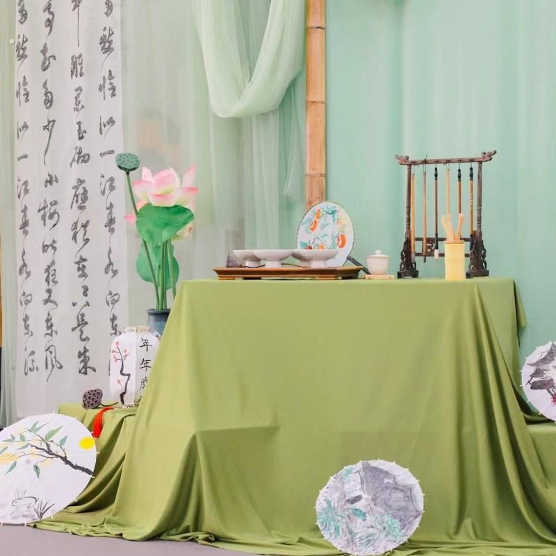 新中式中国风绿色古风户外场景布置背景布纱幔布料书法纱围炉煮茶