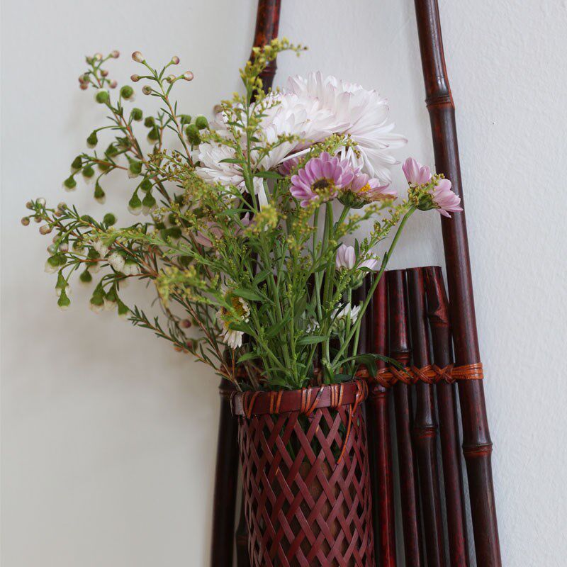 竹编竹节花器  壁挂式插花器 墙面花艺装饰 禅意挂件复古花瓶
