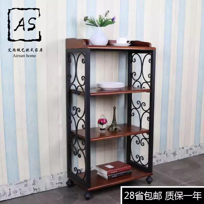 铁艺实木置物架落地多层书架 客厅厨房架隔板收纳架木板欧式包邮