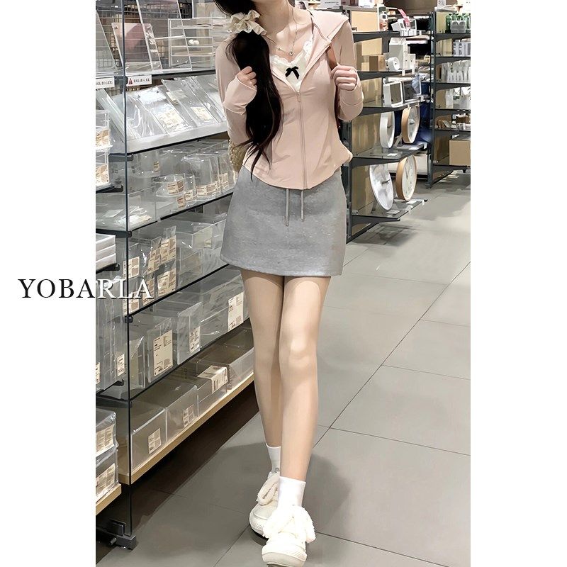 灰色休闲短裙女高腰夏季大码胖mm遮肚子显瘦梨形身材a字半身裙子